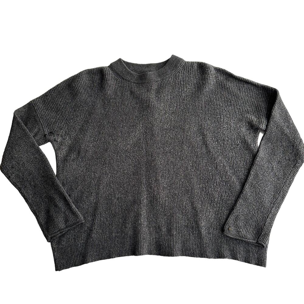 Point Sur Merino Alpaca Blend Boxy Waffle Knit Gray Button Back Sweater M
